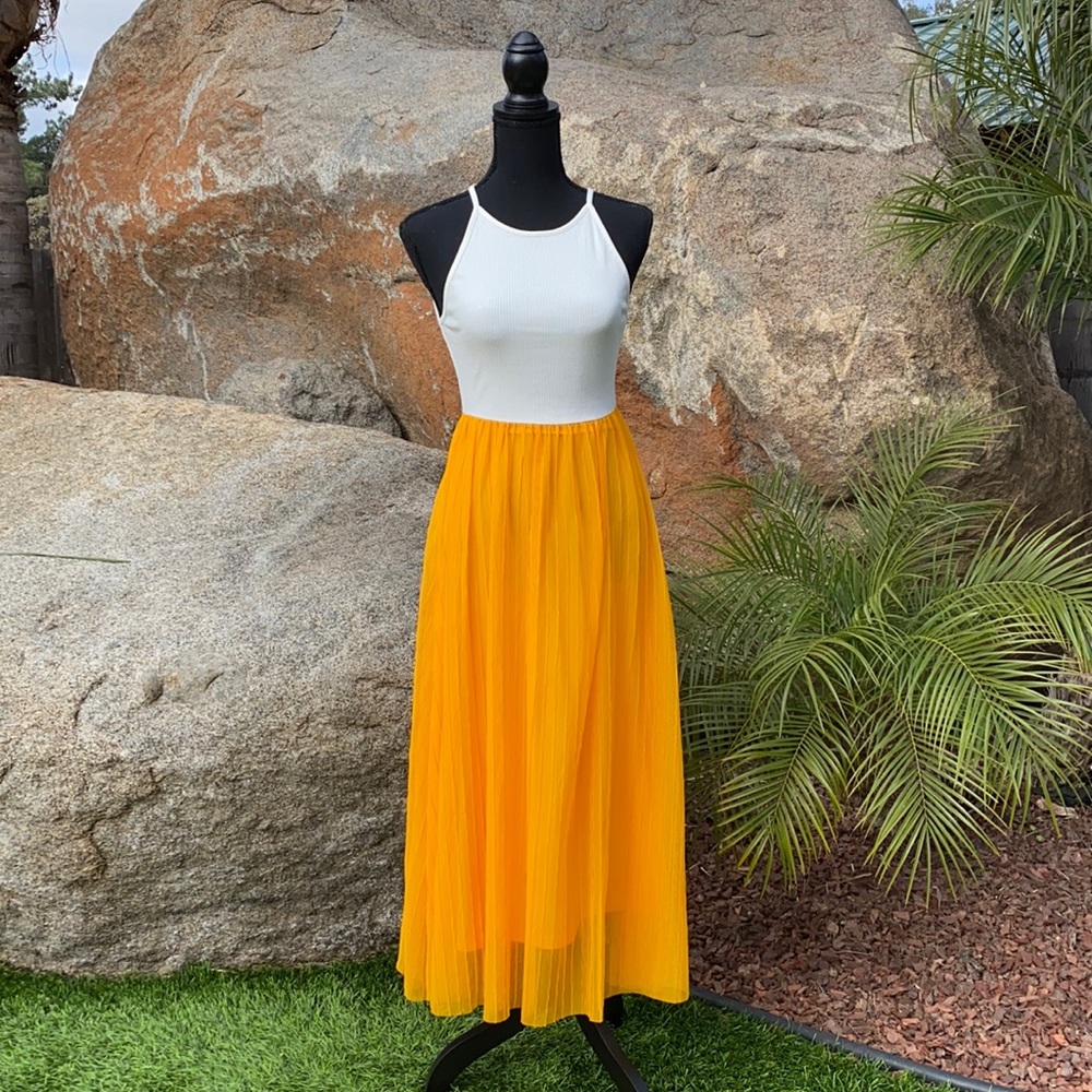 Zara Combo Tank Pleated Skirt Dress Twofer Orange White Small